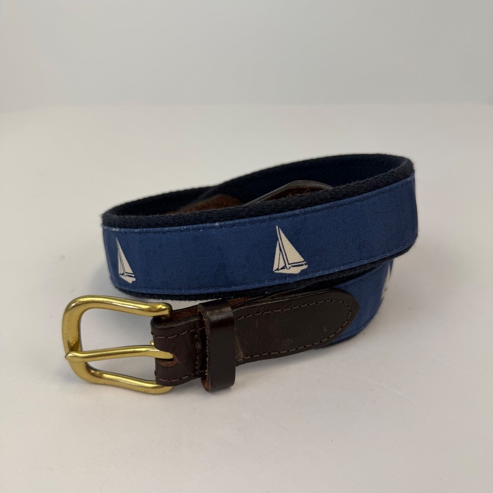 Vineyard Vines Mens Size 30 Sailboat Canvas Belt Navy Blue Leather Trim USA